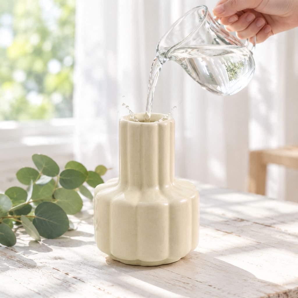 Table centerpiece with artificial flowers and ceramic vase