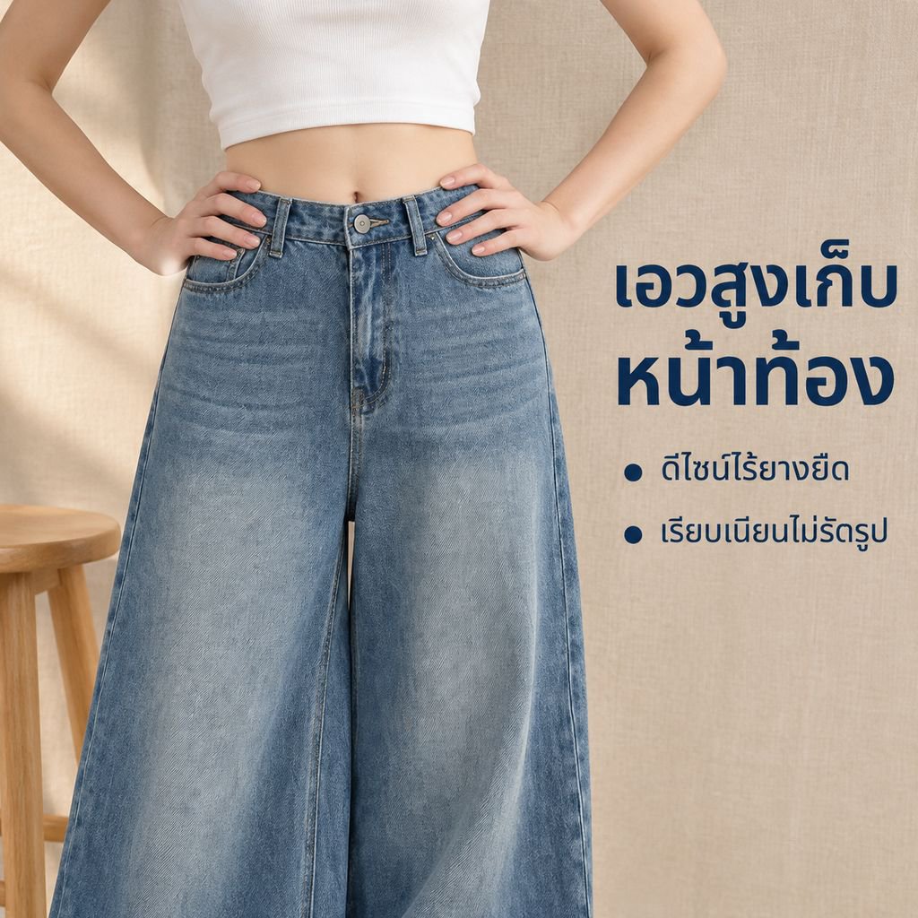 กางเกงยีนส์ดีไซน์ไม่มีเอวทรงหลวมเอไลน์สำหรับผู้หญิง ฤดูใบไม้ผลิและฤดูใบไม้ร่วง