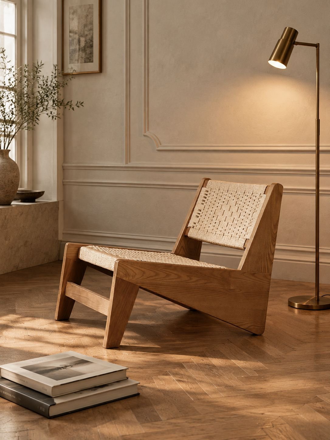 Rustikaler Holzsessel im Wabi-Sabi-Stil mit markanter Struktur