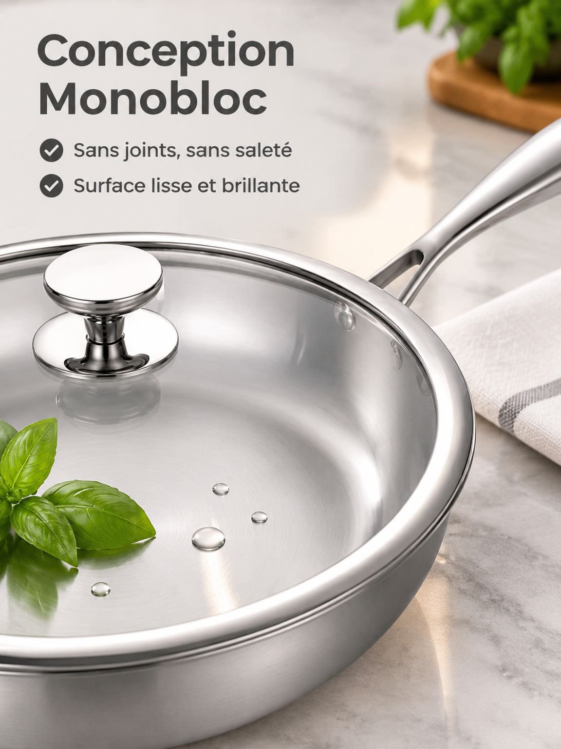 Poêle épaisse en inox adaptée à la cuisson au gaz