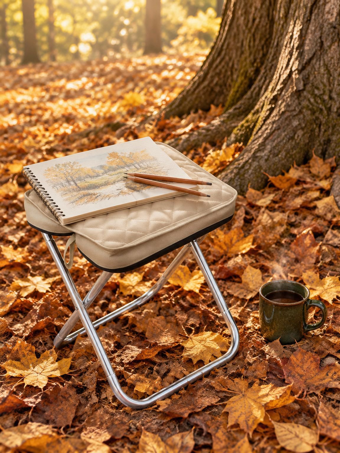 Leichter Outdoor-Hocker neben Zelt