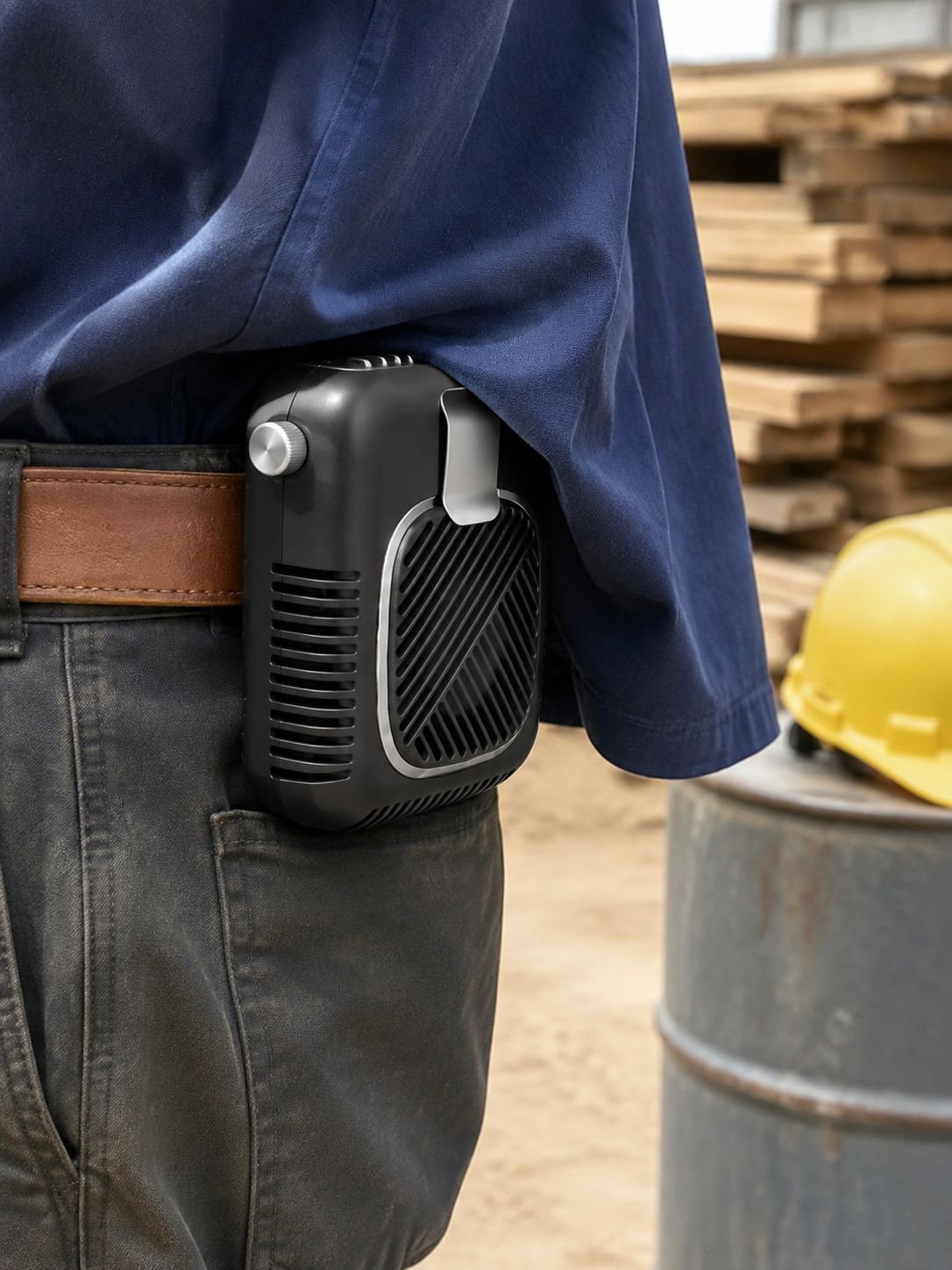 Portable fan worn at the waist for travel and everyday use