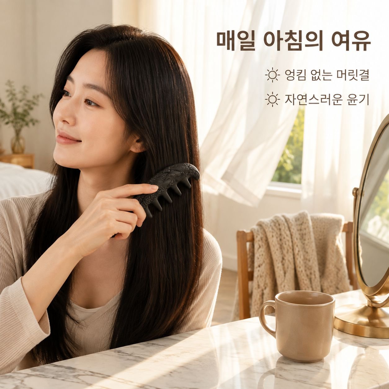 넓은 빗살과 경락선을 가진 모발 관리 및 윤기 개선용 빗