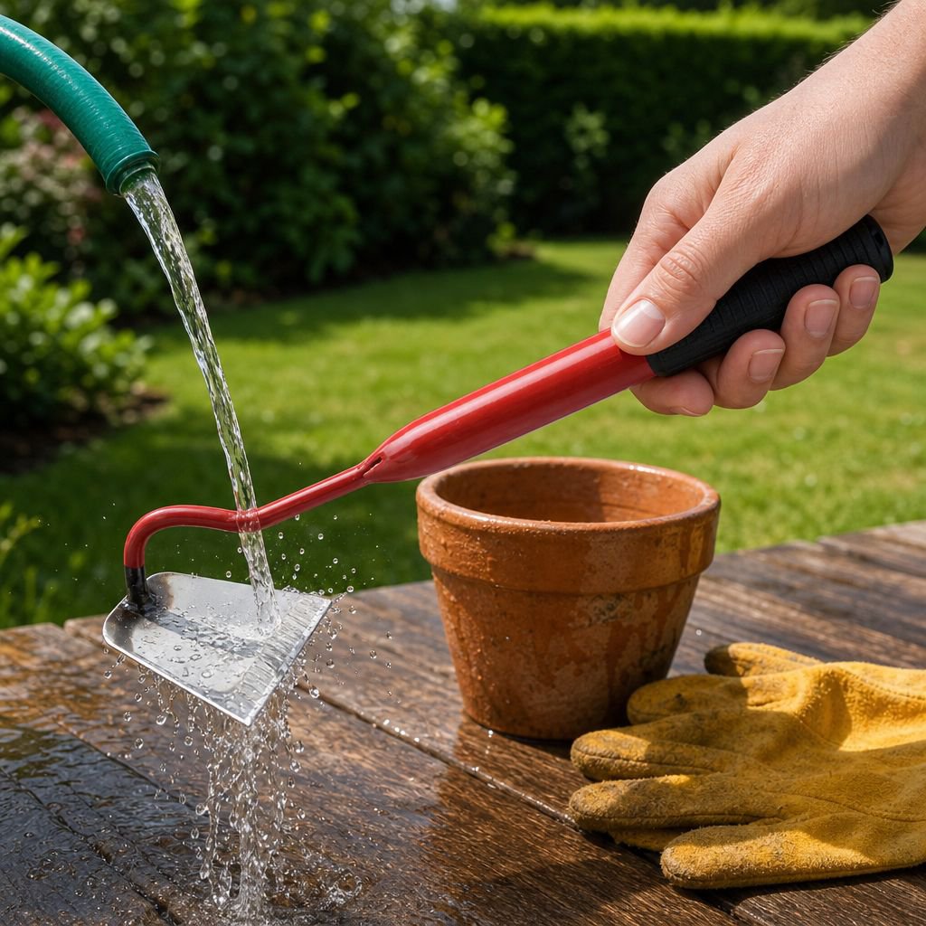 Close-up of garden hoe blade and handle