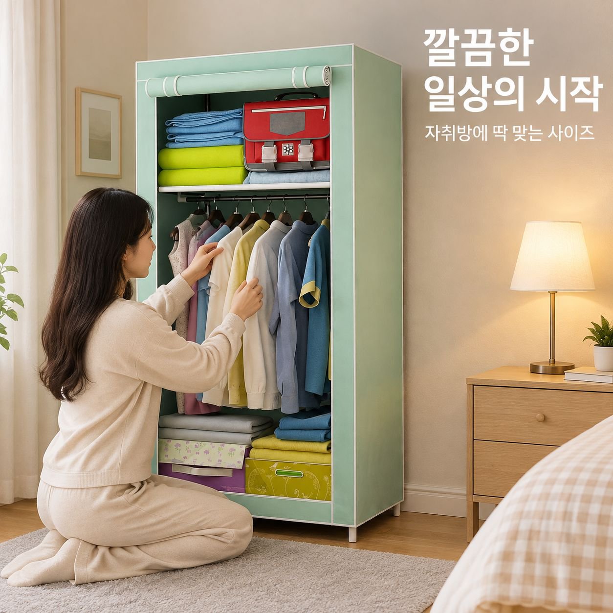 두껍고 보강된 강철 파이프를 사용한 1인용 패브릭 옷장.
