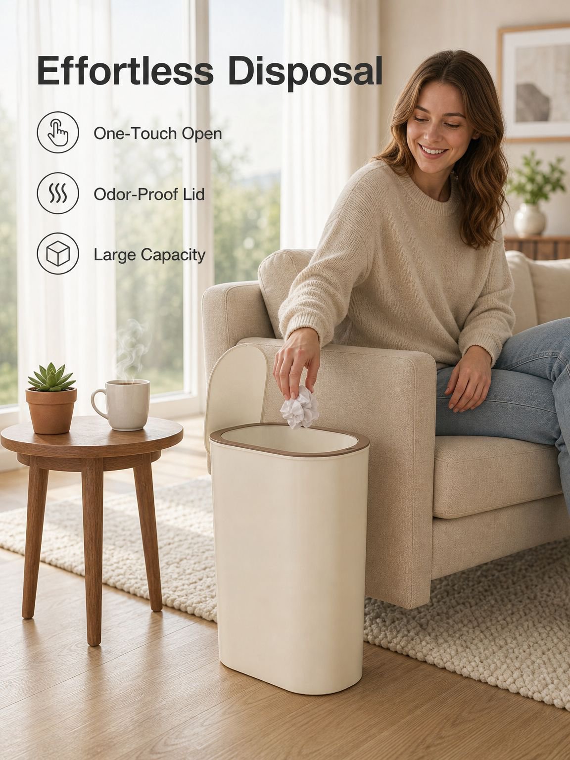 Household trash can with lid, odor-proof, large capacity, squeeze-type storage bin for living room a