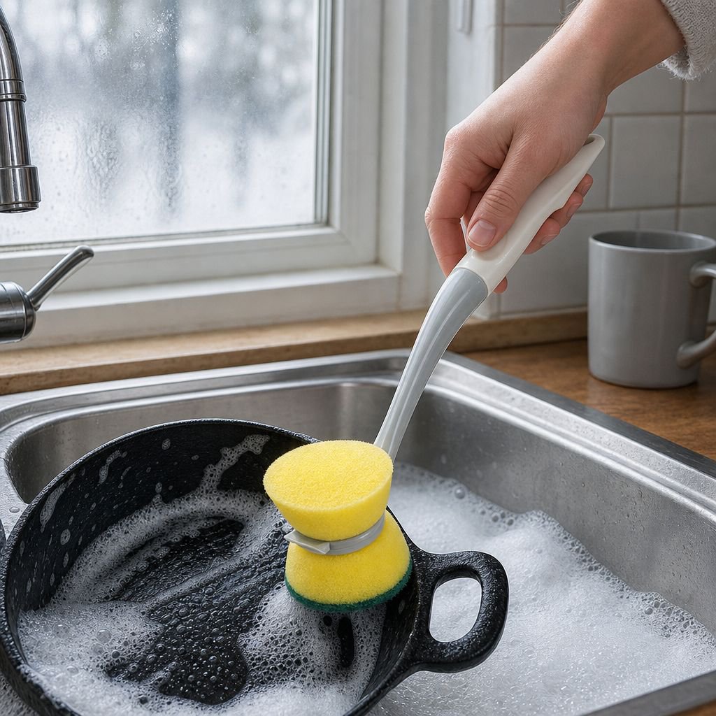 Efficient kitchen scrubber cleaning stubborn stains on cookware