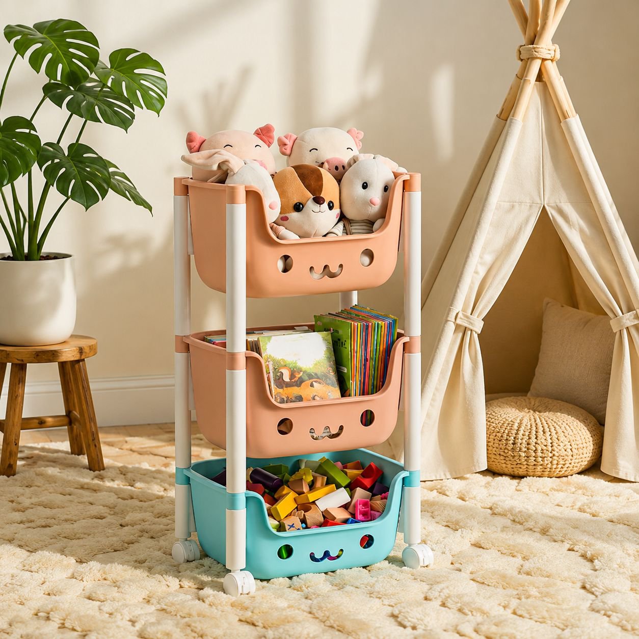 Bedside storage trolley displaying organized toys and books