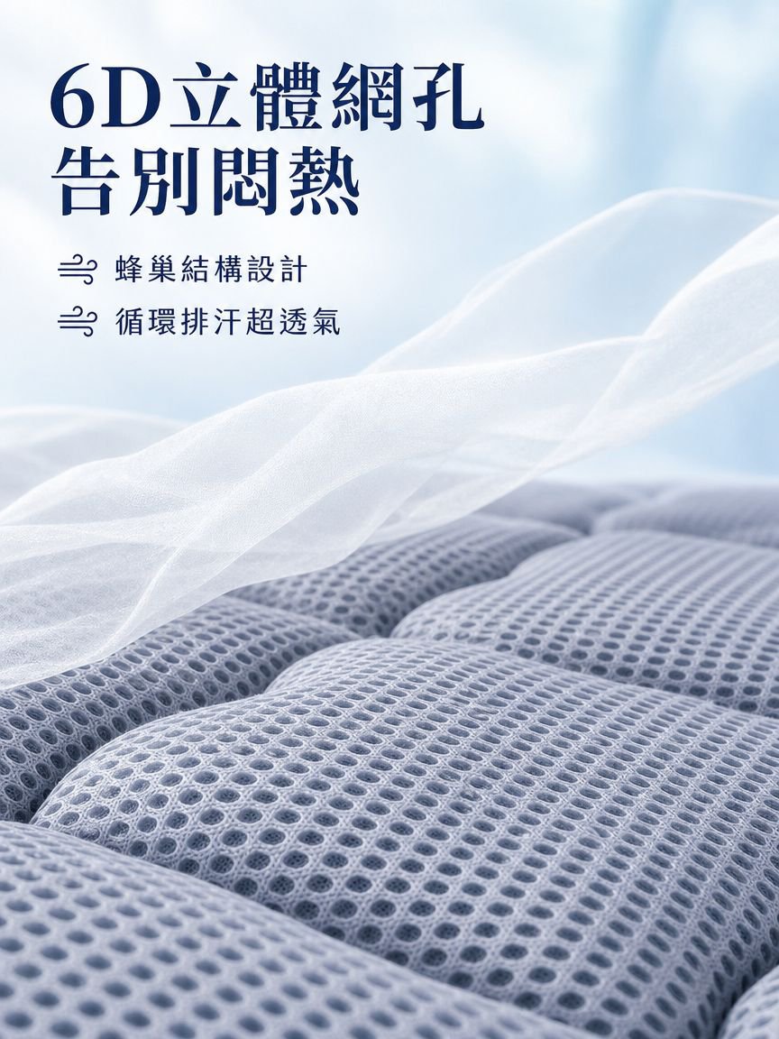 6D循環透氣床墊，防螨抑菌，不悶熱