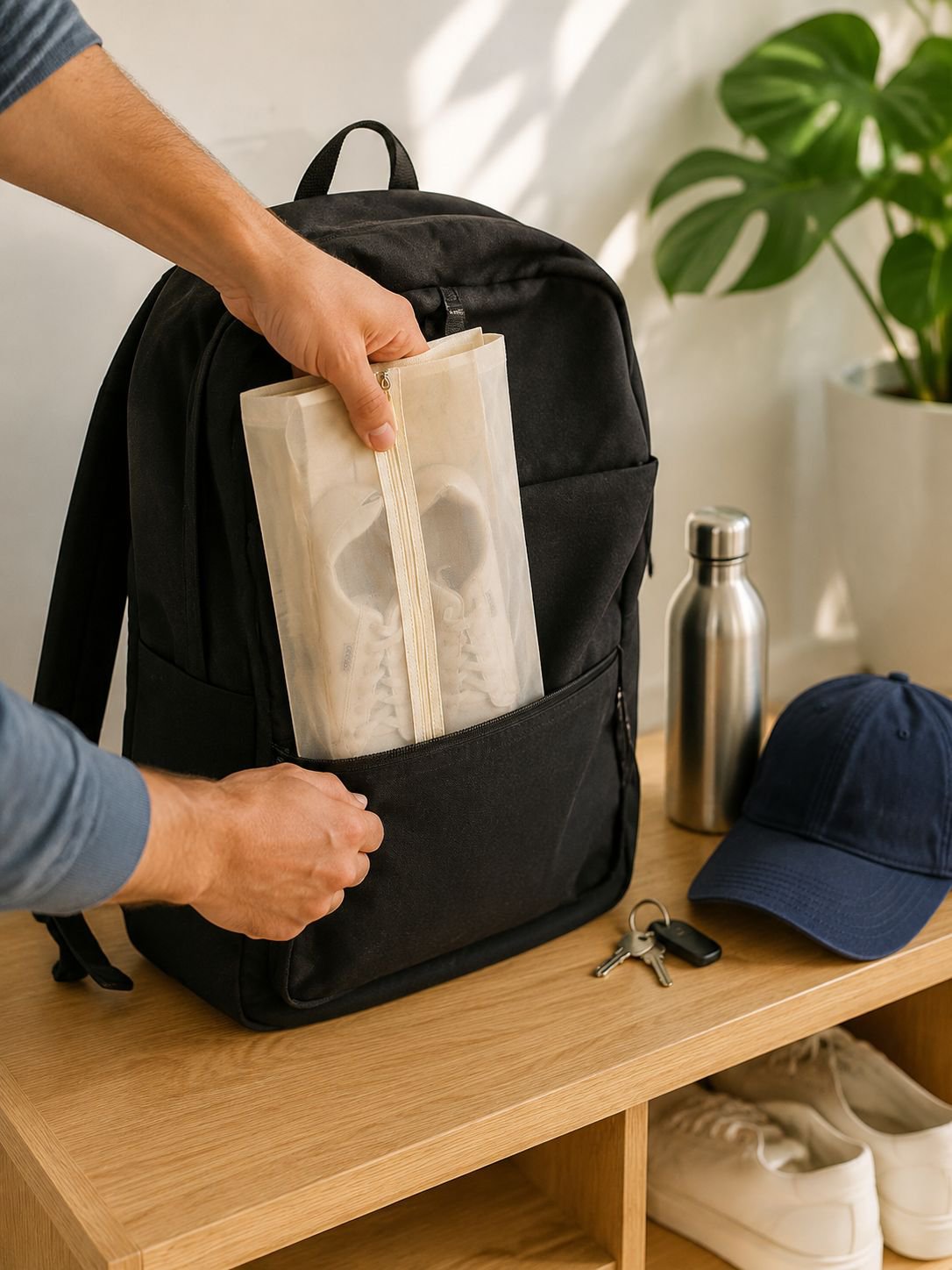 Space-saving shoe bag for luggage and closets