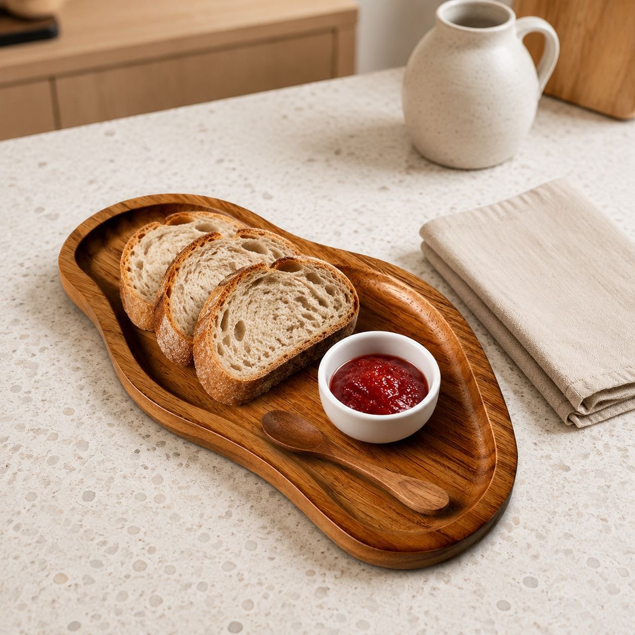 Peanut-shaped wooden snack tray filled with nuts