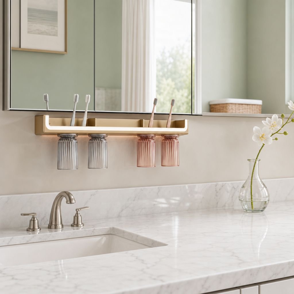 Organized toothbrushes and toothpaste in wall-mounted holder