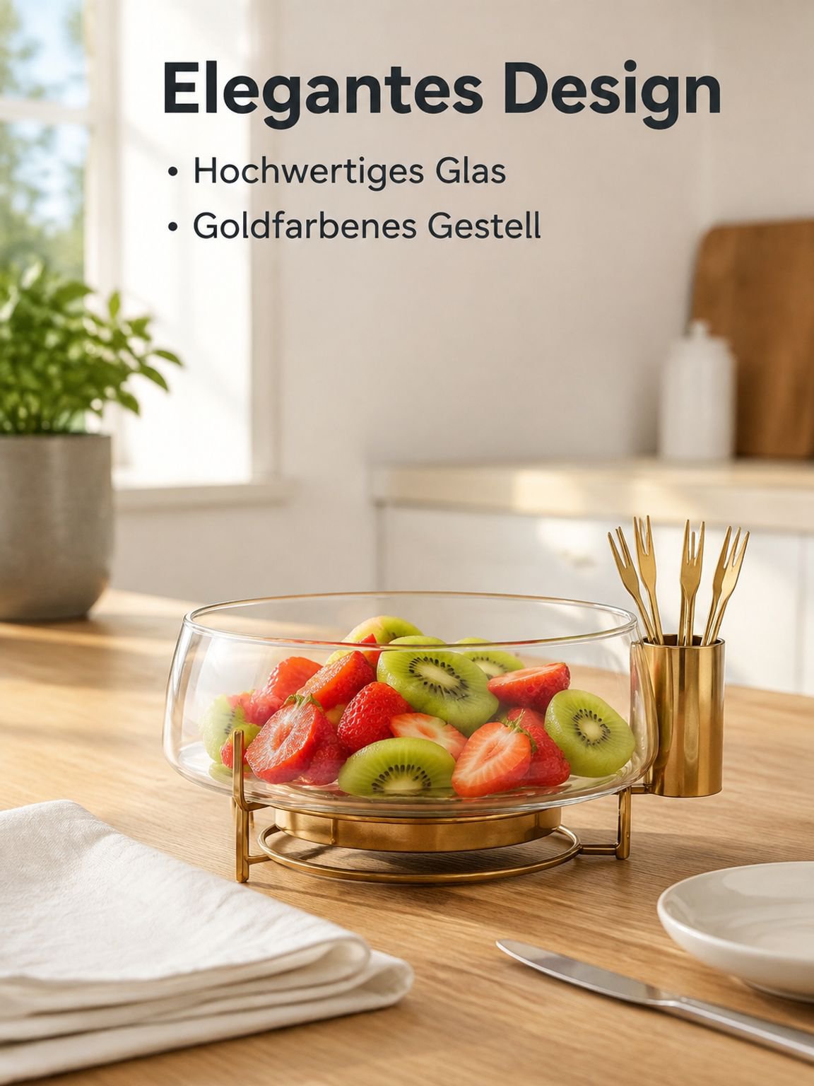 Obstplatte mit Gabeln, Obstplatte aus Glas, gestreifte transparente Obstbox, Obstplatte für das Wohn