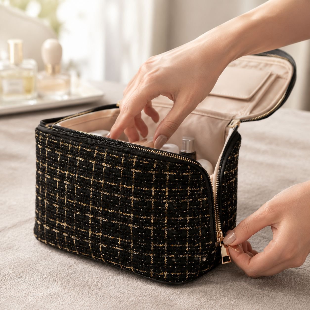 Cosmetic storage bag with organized compartments
