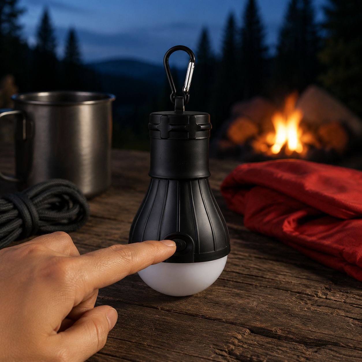 Close-up view of the LED camping light hanging inside a tent