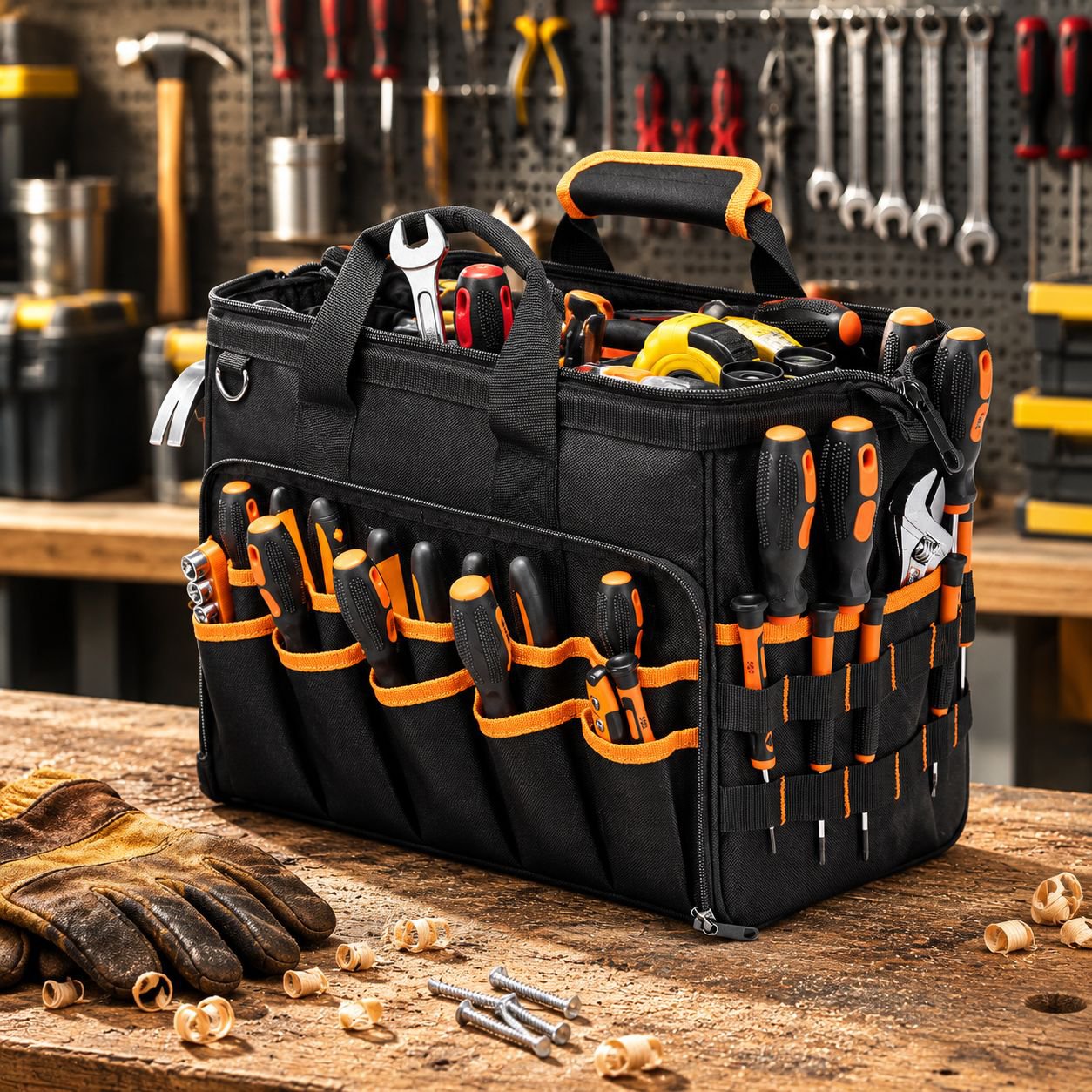 17-inch Heavy Duty Electrician Bag for Men, Foldable Wide-Mouth Storage Bag with Adjustable Shoulder