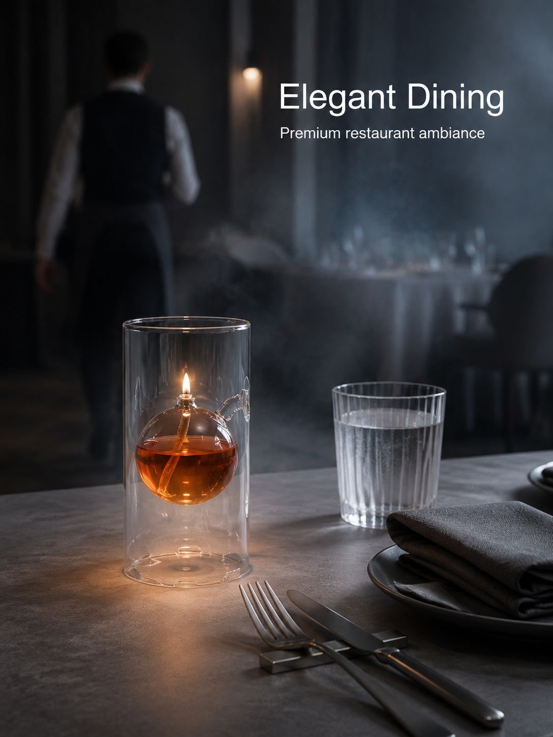 Modern glass oil lamp enhancing the ambiance of Western cuisine
