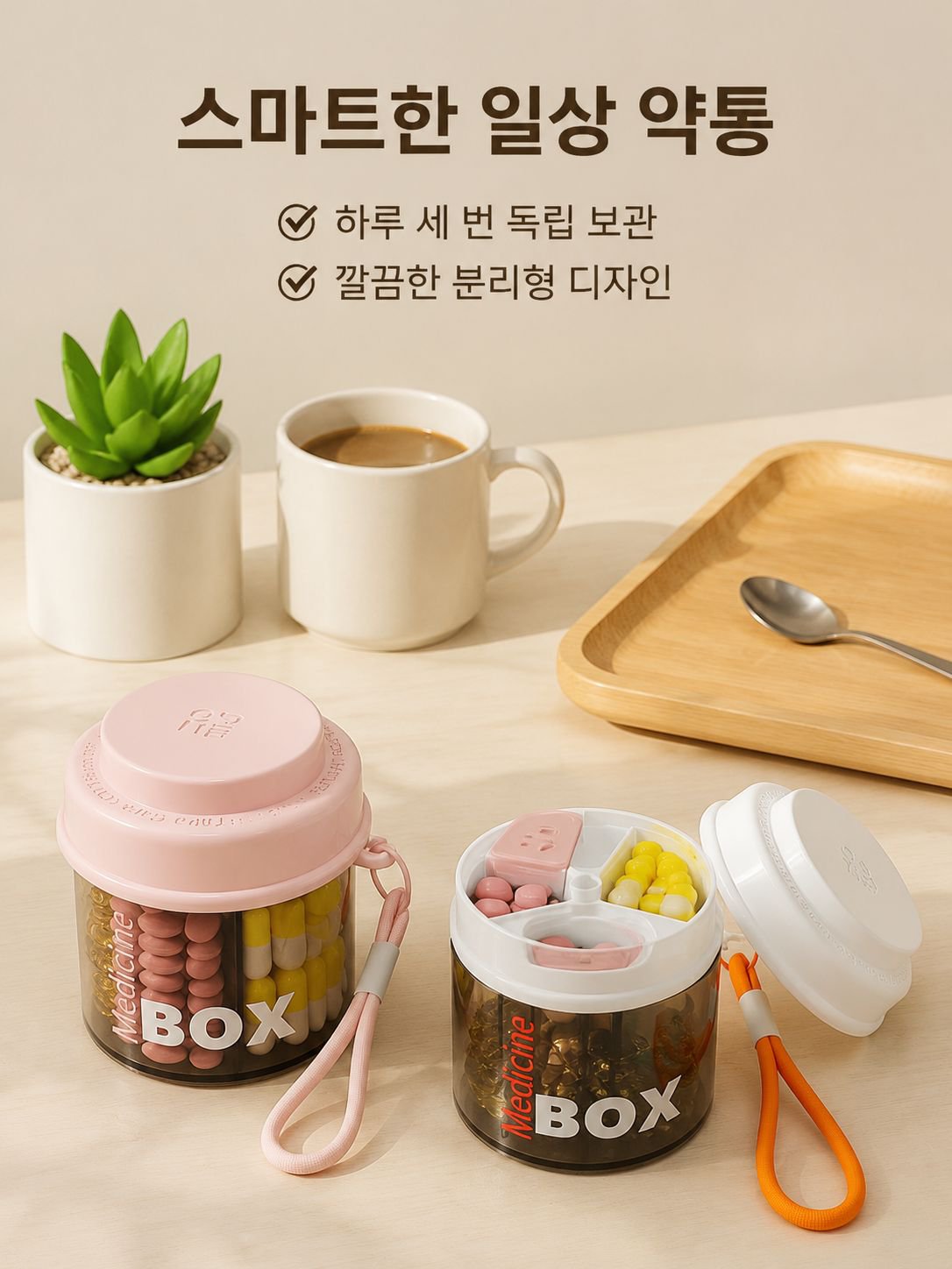 휴대용 약통 분리 수납함 하루 세끼 약품 소분함 약품 밀폐 알림 휴대용 약통