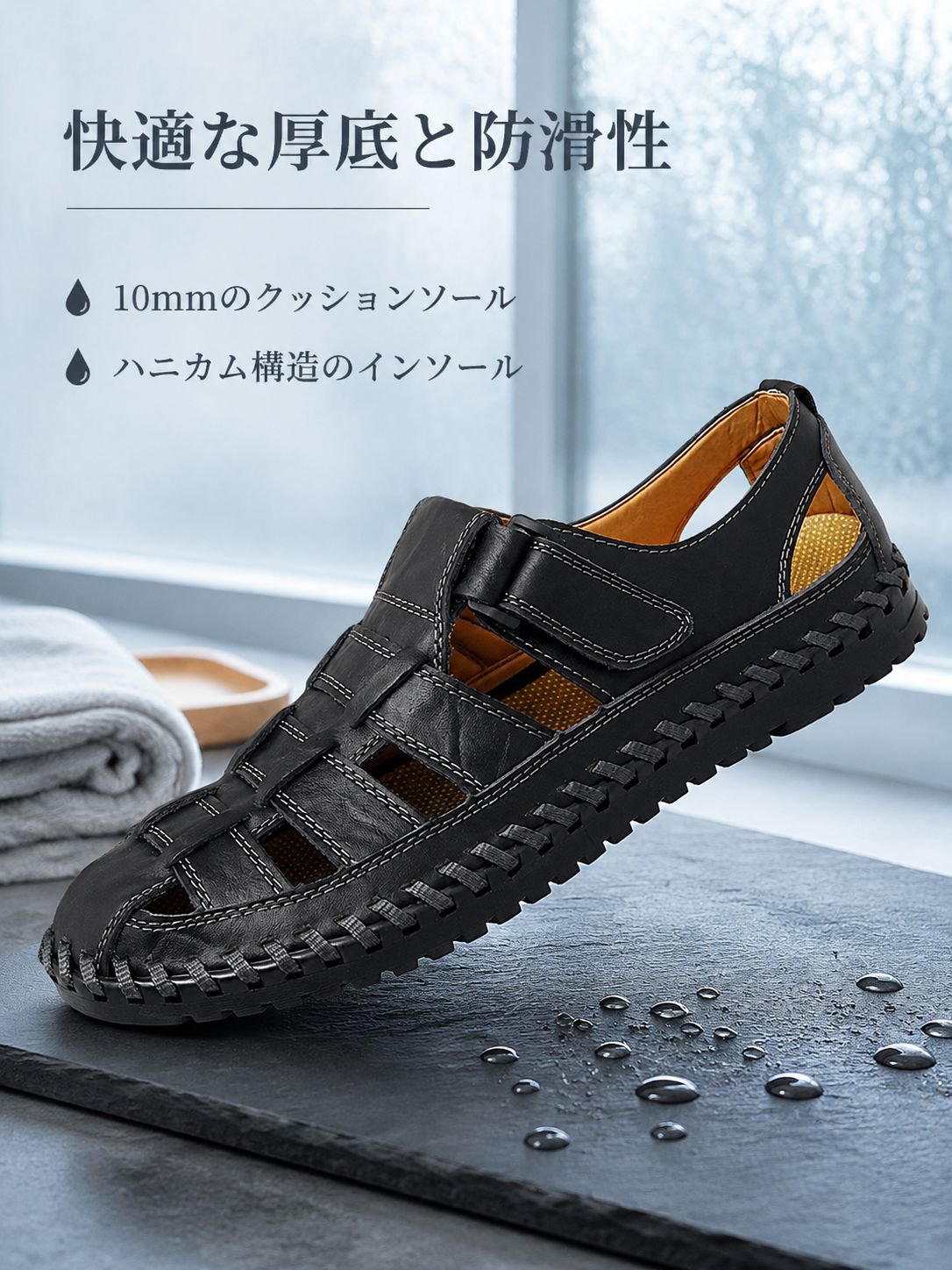 つま先が覆われ、パンチング加工が施された、メンズの夏用本革サンダル。トレンディなビーチシューズ、カジュアルシューズ。