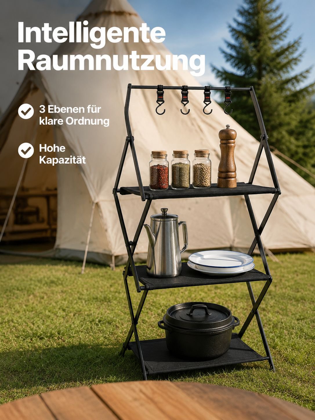 Mehrschichtiges Campingregal aus Aluminium, leicht und stabil