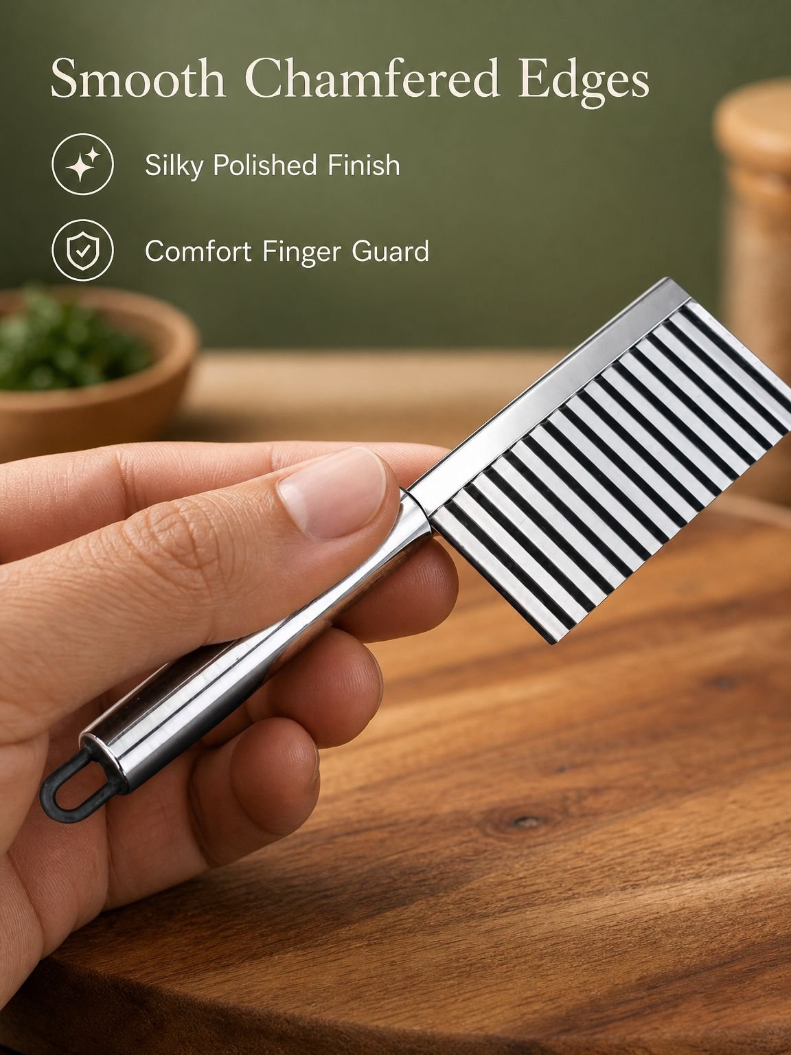 French fry slicer creating ridged cuts in a fresh potato