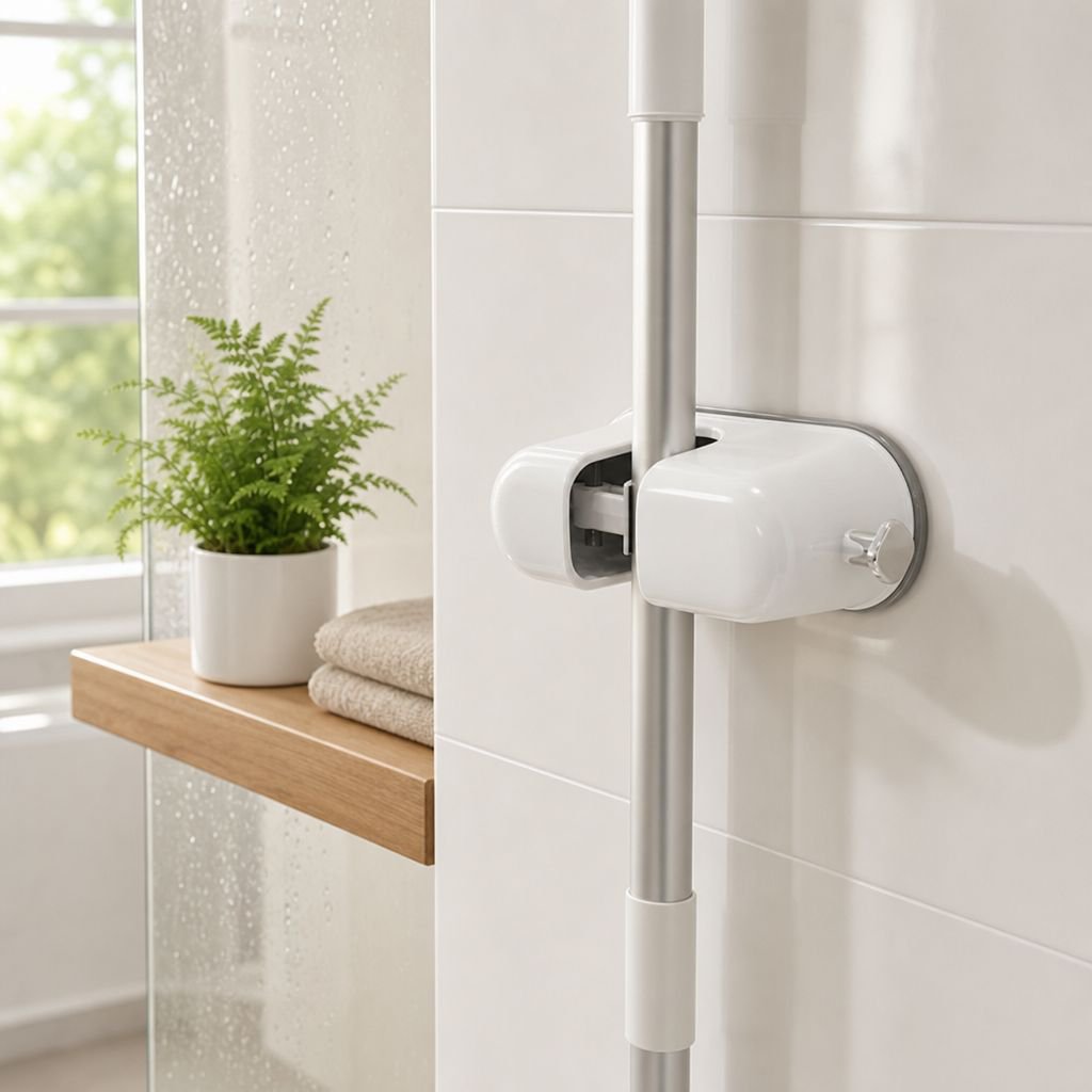 Wall-Mounted Stainless Steel Mop Clip, No-Drill Suction Cup Design for Home