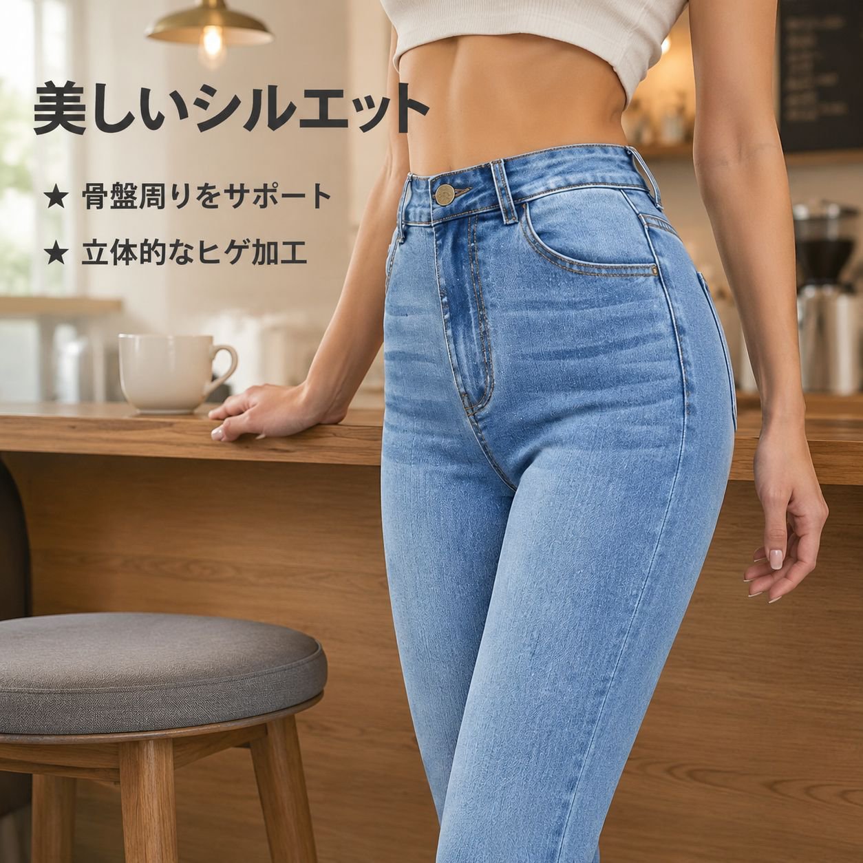 ハイウエストストレートスリムレディースライトブルージーンズ