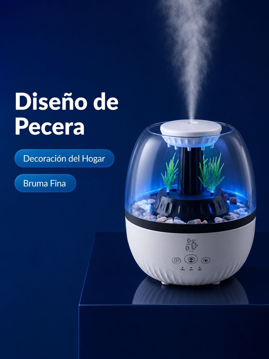 Humidificador aromático con forma de pecera, luz de siete colores, silencioso