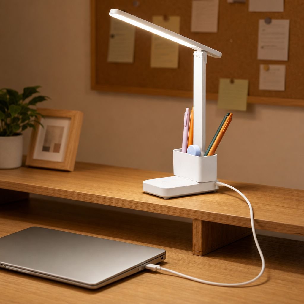 Estudiante utilizando lámpara LED portátil en dormitorio