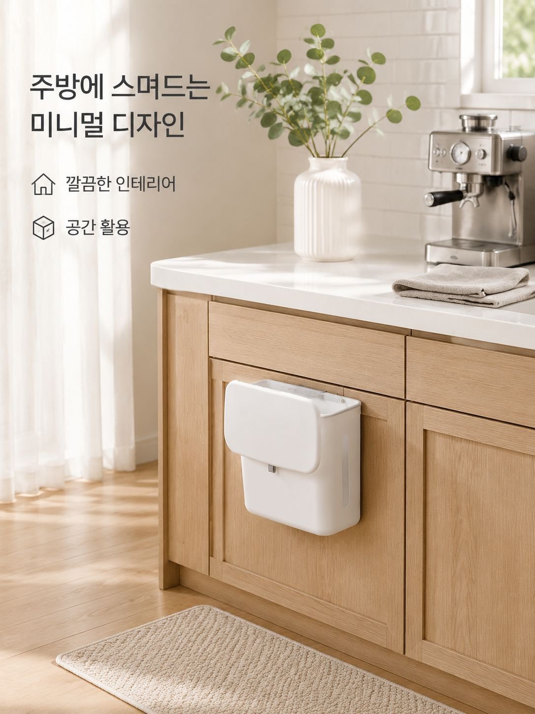 캐비닛 문걸이형 음식물 쓰레기 분리수거통 슬라이드 커버 흰색