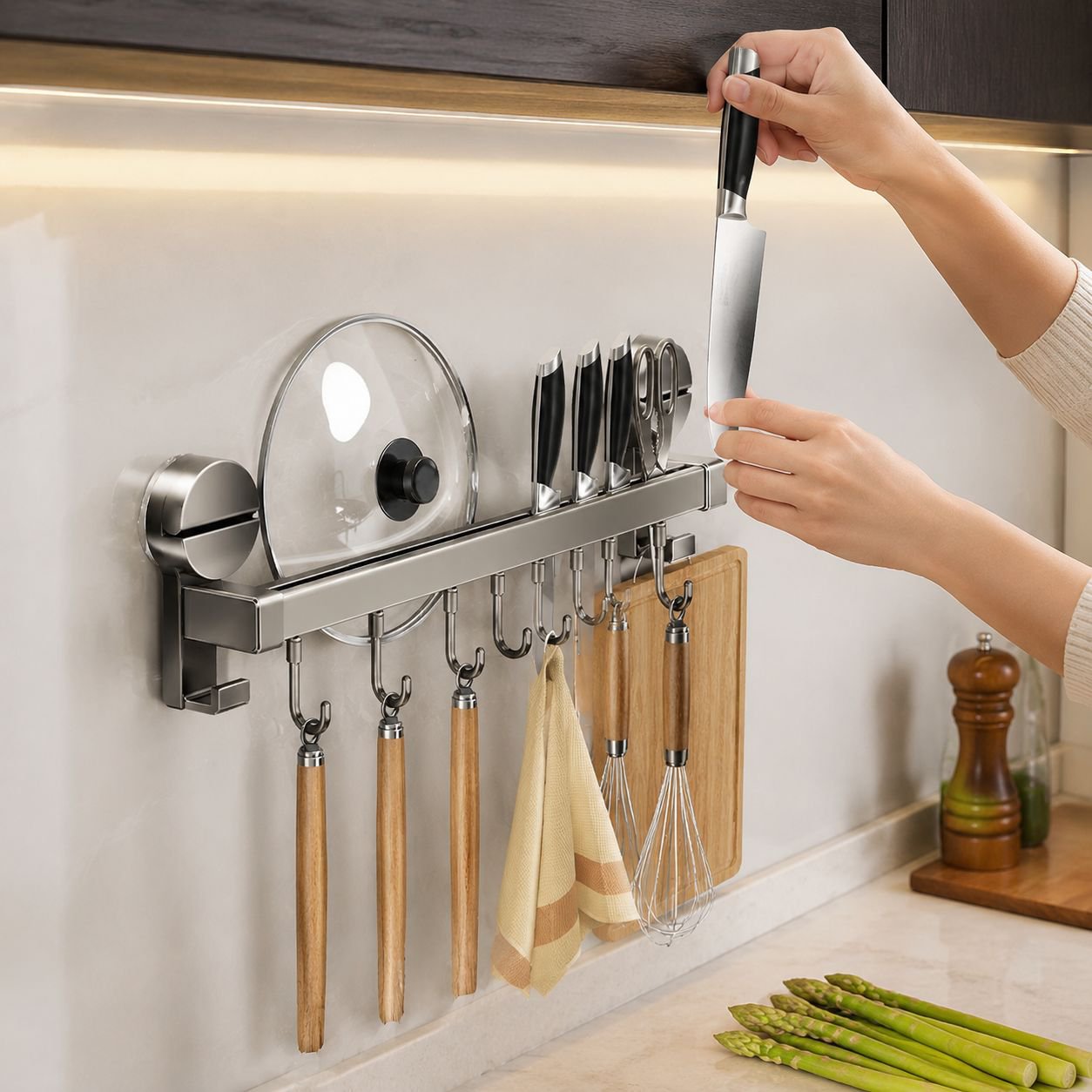 Kitchen Storage Organizer with Gunmetal Gray Hanging Bar
