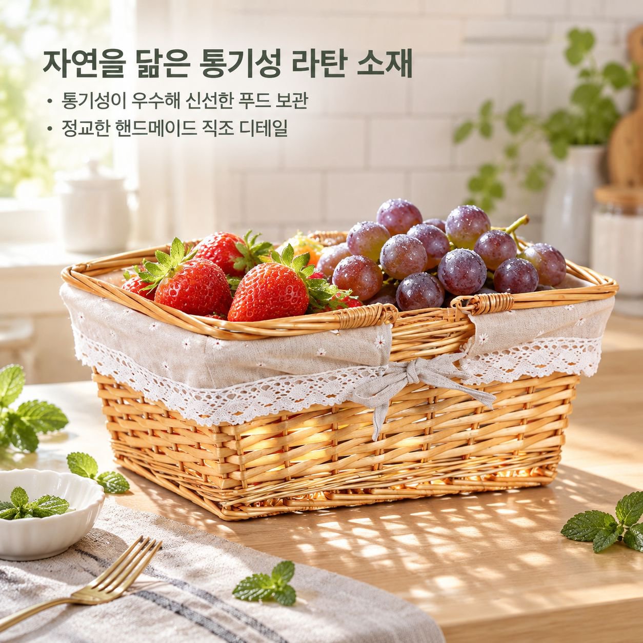 가정용 라탄 롱 브레드·과일·간식 수납 바구니