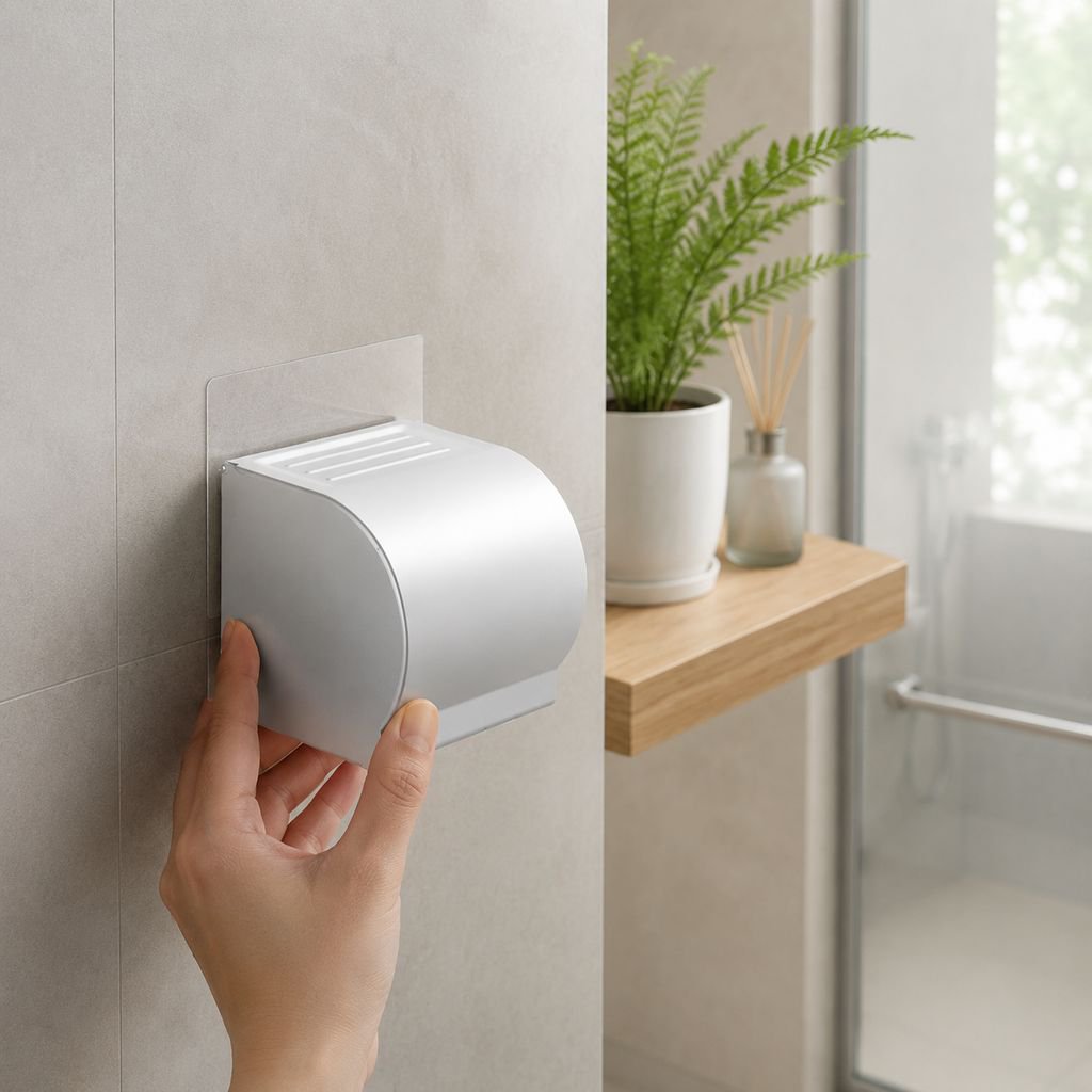 穴あけ不要の防水トイレットペーパーホルダー設置シーン