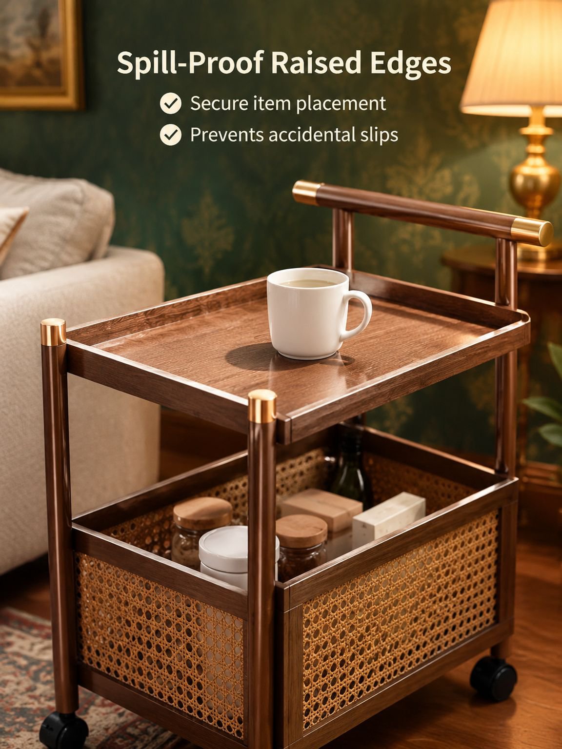 Portable side table holding snacks and drinks