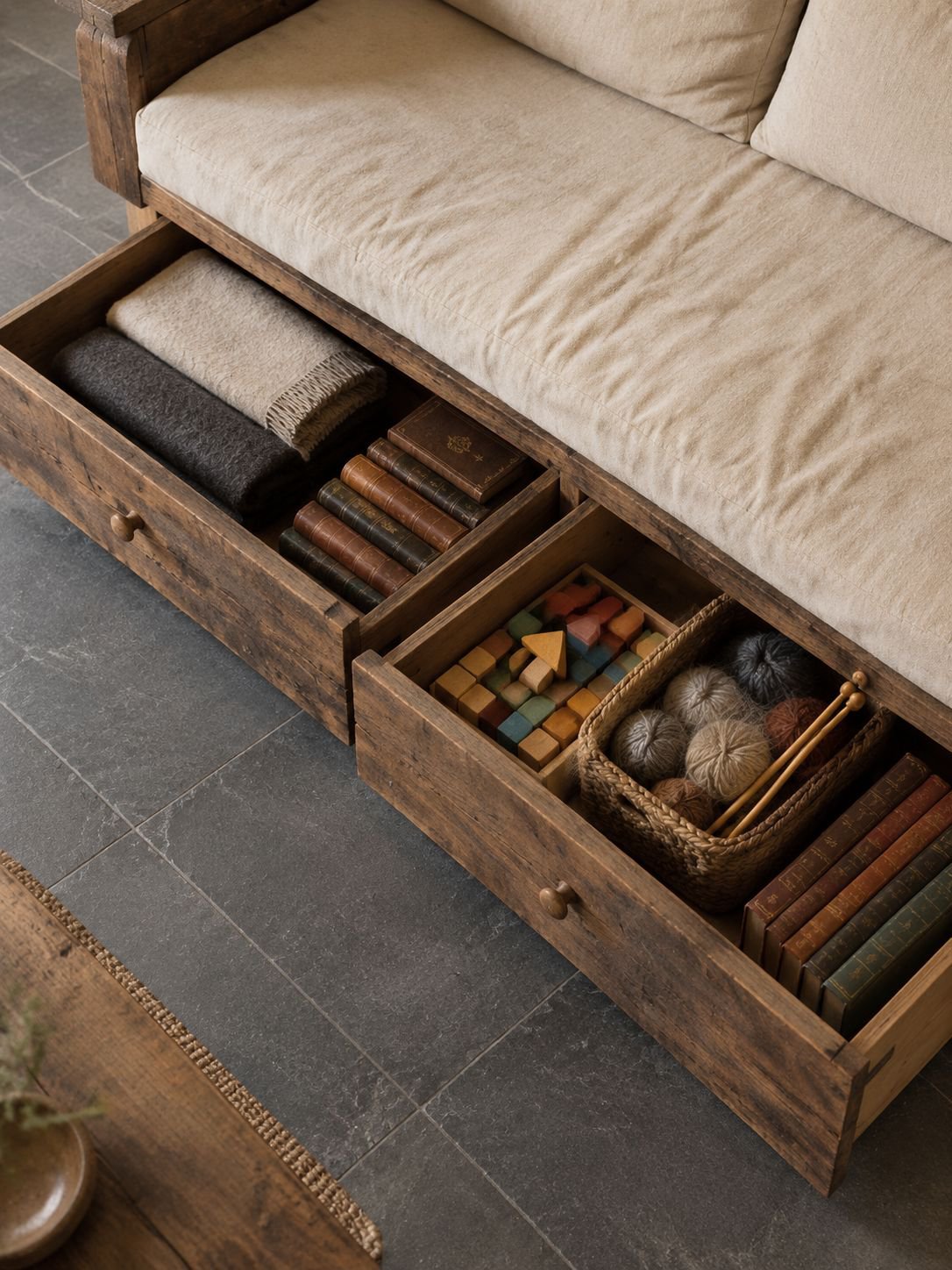 Frontansicht eines Wabi-Sabi-Sofas aus Massivholz mit Stauraumschubladen