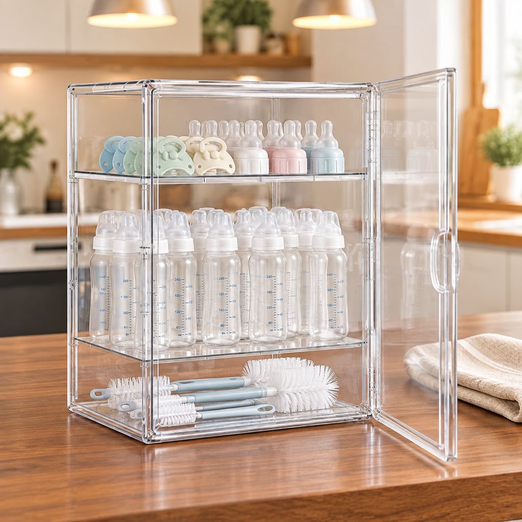 Compact and dustproof baby bottle shelf