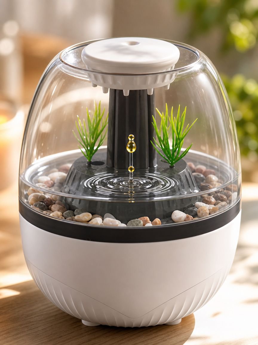 Aromatherapy diffuser with fish tank design and silent operation