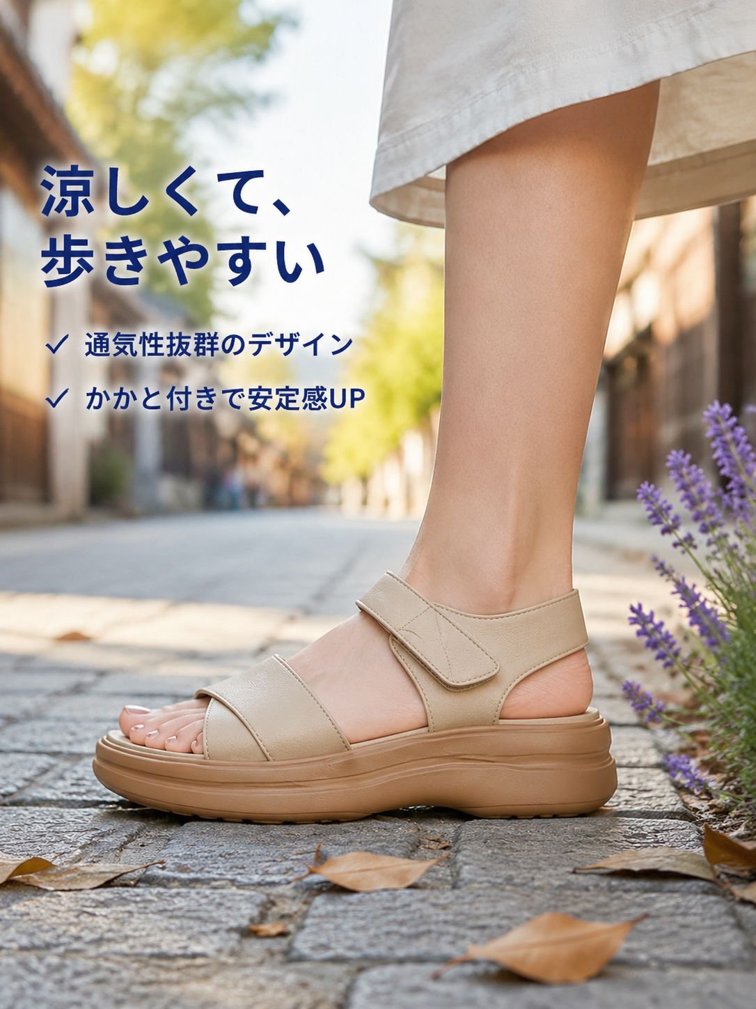 夏用レディースかかと付きマジックテープローマサンダル 外履き