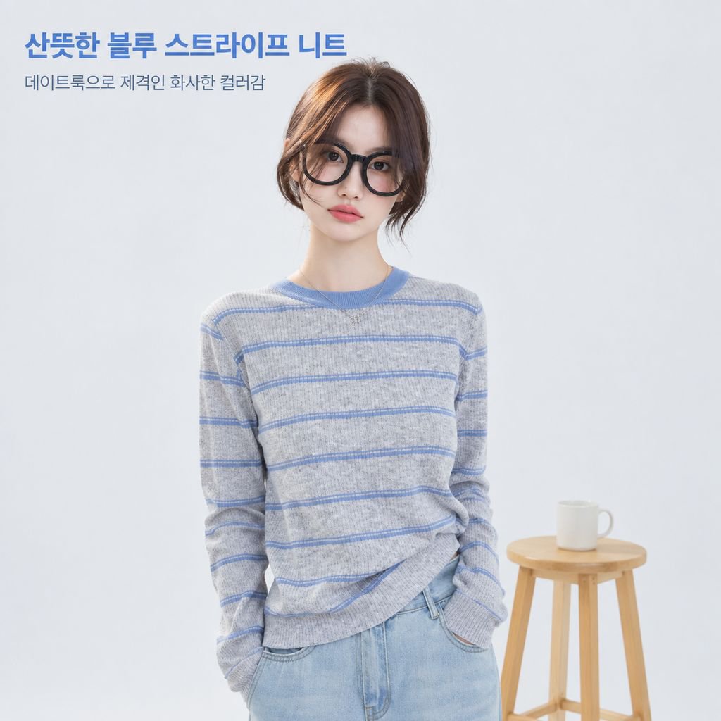 가을 한국 스타일 패션 라운드 넥 풀오버 니트, 배색 스트라이프 슬림핏 긴팔
