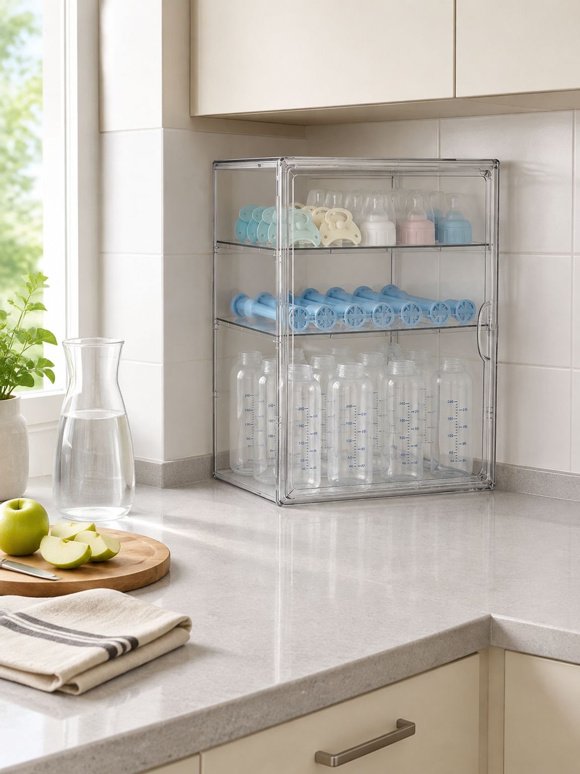 Armoire compacte de rangement pour biberons, goupillons et tétines