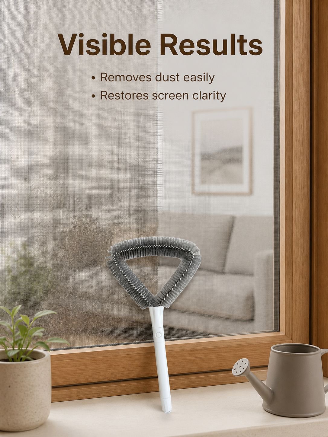 Hand holding window screen cleaning brush against window