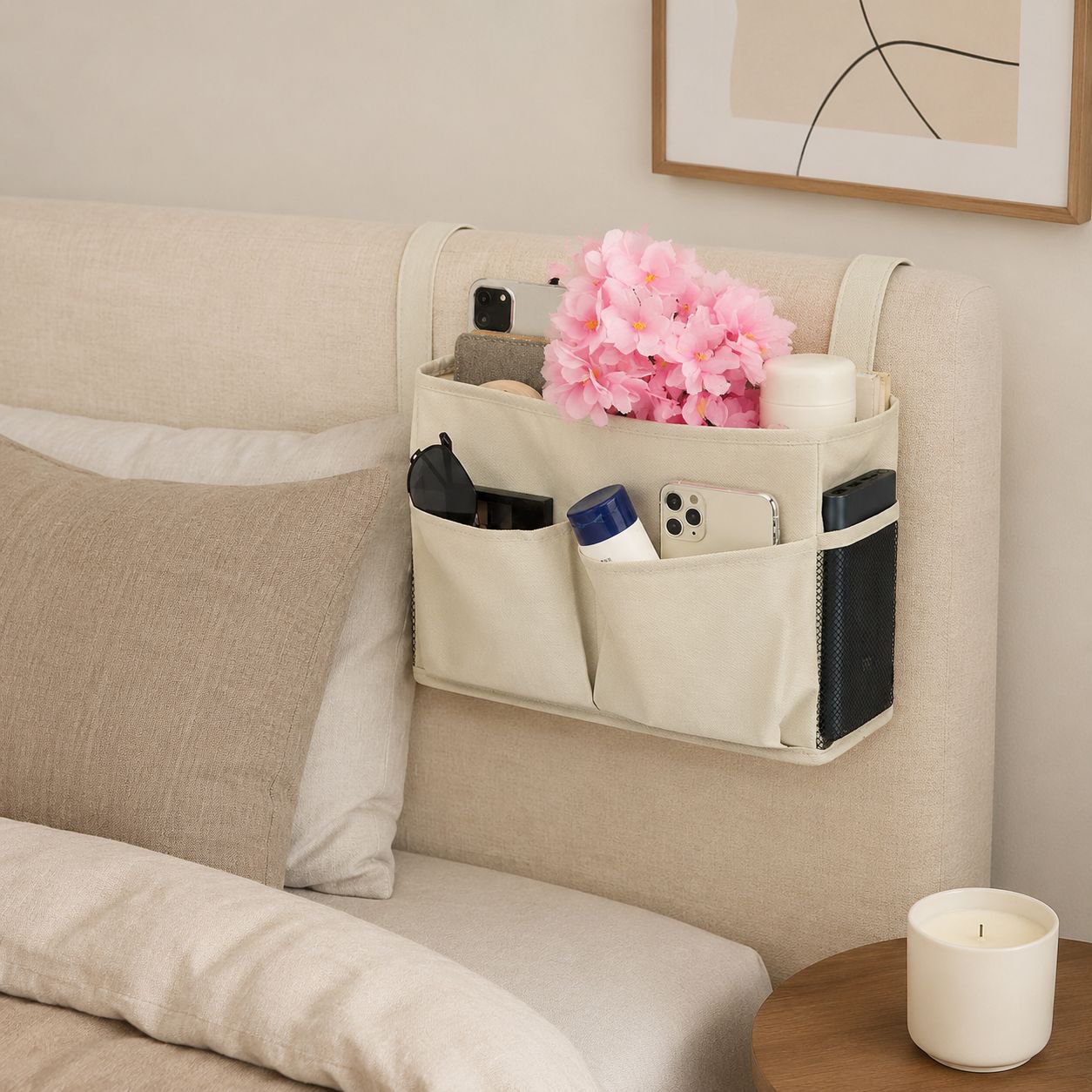 Elderly person accessing items from sofa organizer