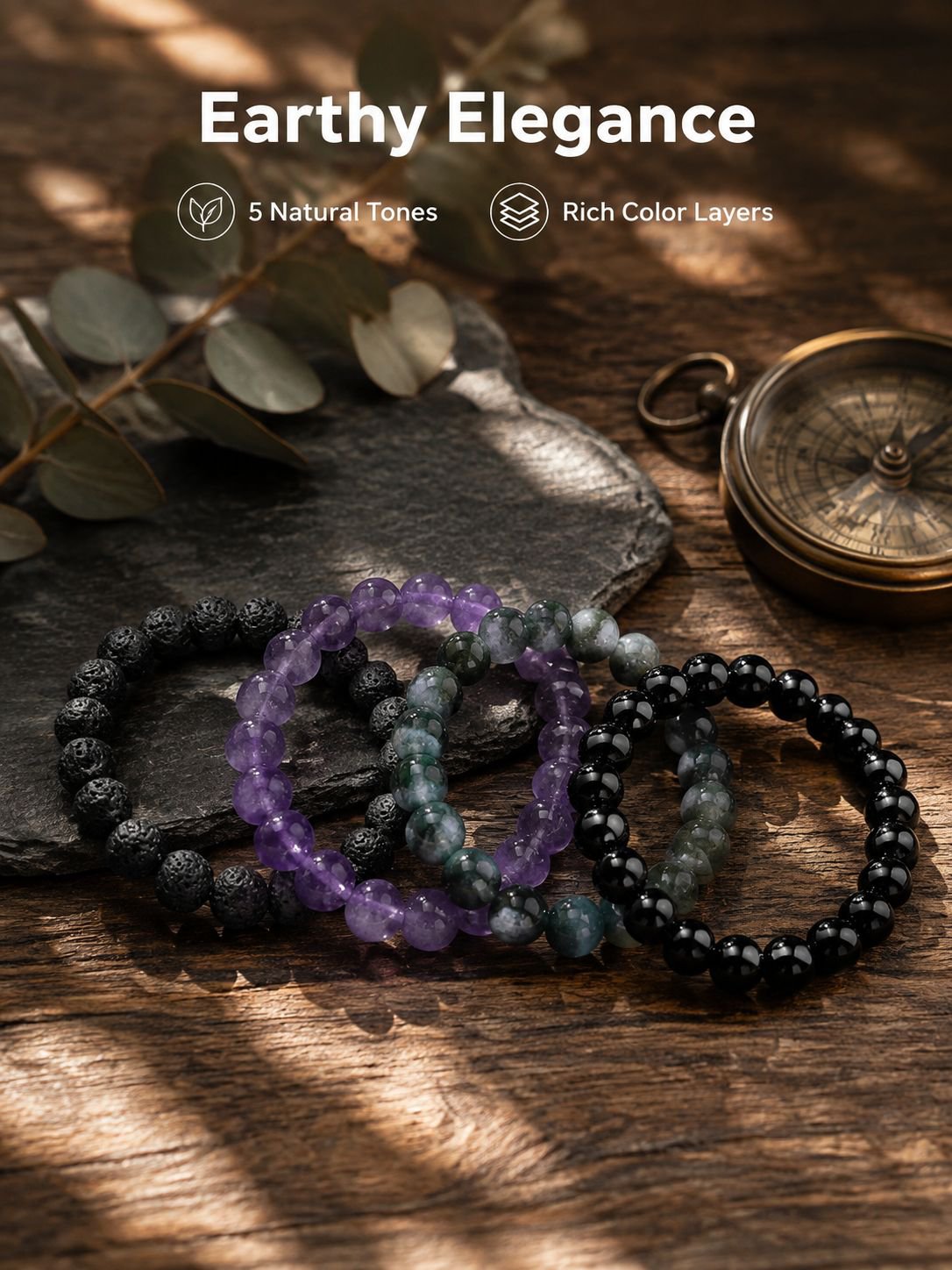 4pcs Gorgeous Stone Healing Crystal Elastic Bead Bracelets, Tiger Eye Stone, Volcanic Stone, White T