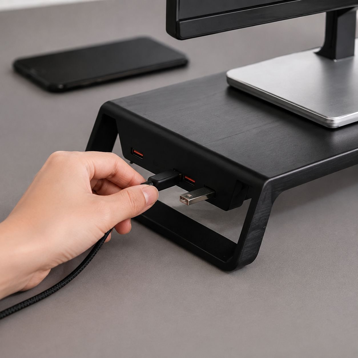 Monitor-Halterung mit USB-Port und Aufbewahrungsregal
