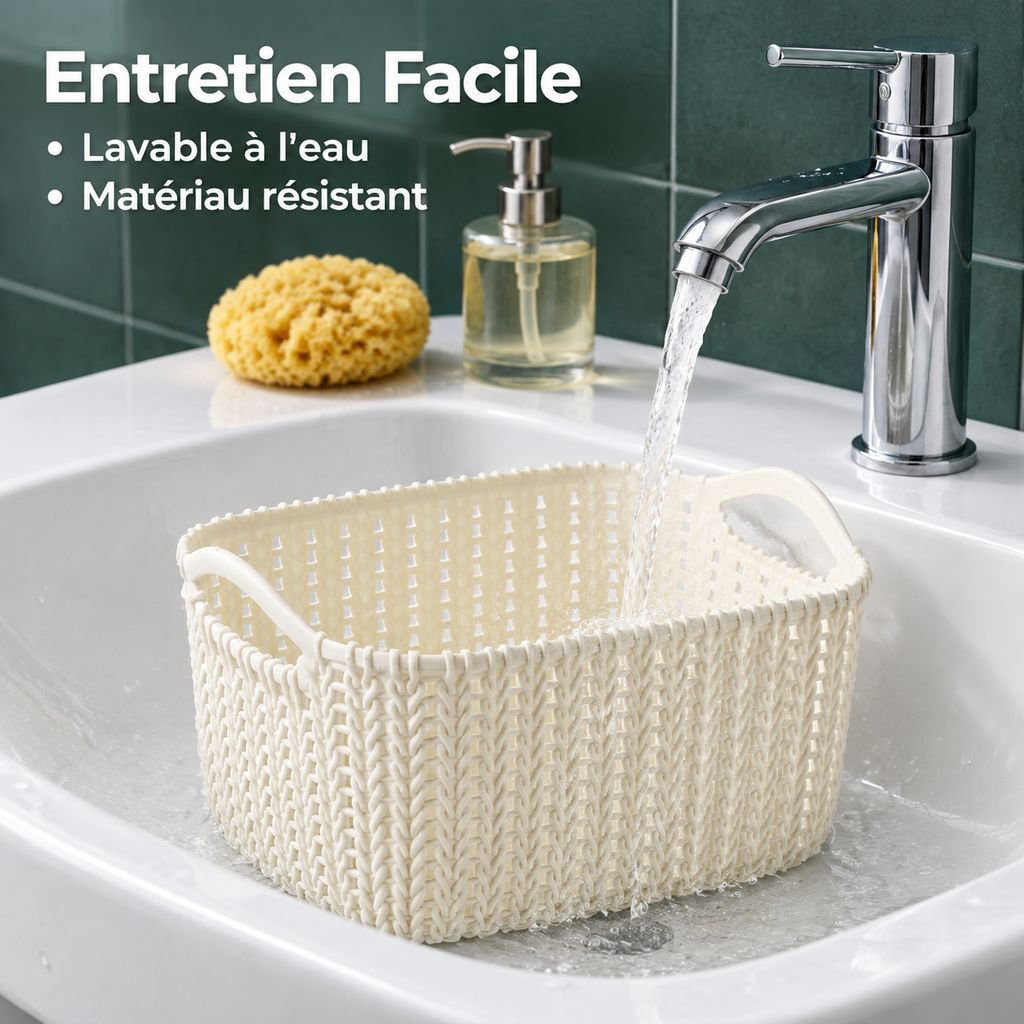 Panier de rangement de bureau en plastique effet rotin