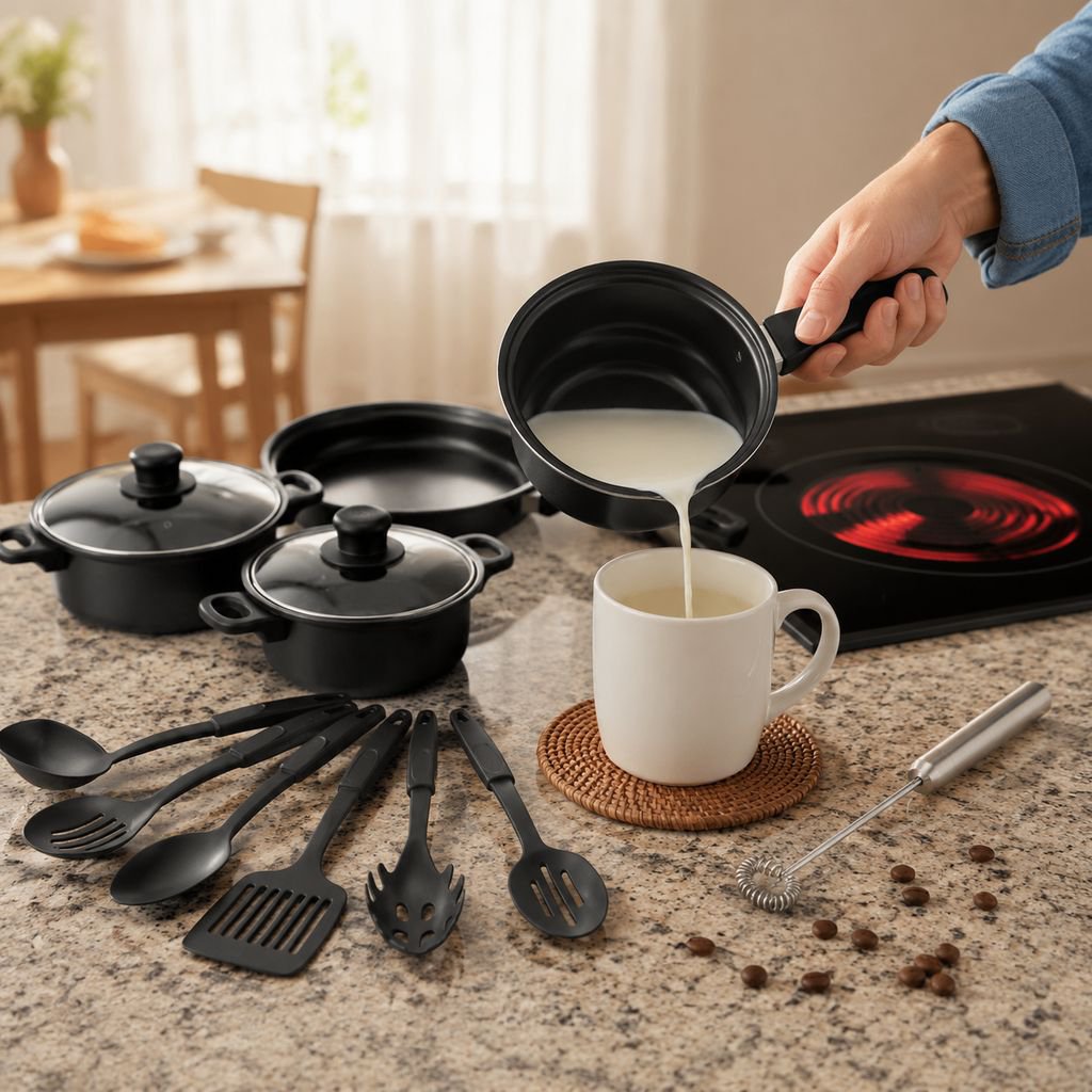 Hot selling 12-piece cookware set with spatula, non-stick soup pot, milk pot, frying pan, Maifan sto