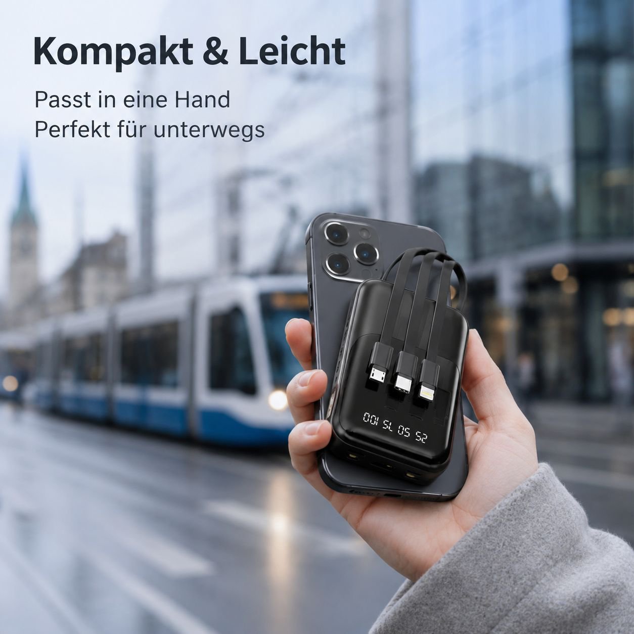 Powerbank mit 20000mAh und vier integrierten Ladekabeln
