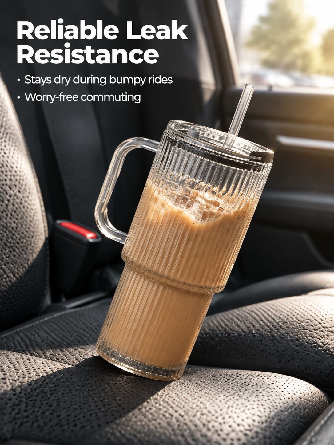 A happy user holding the Large Glass Cup with straw