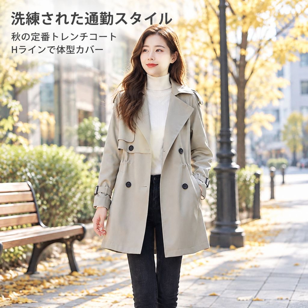 トレンチコート レディース ミドル丈 ウエストマーク ゆったり 大きいサイズ アウター