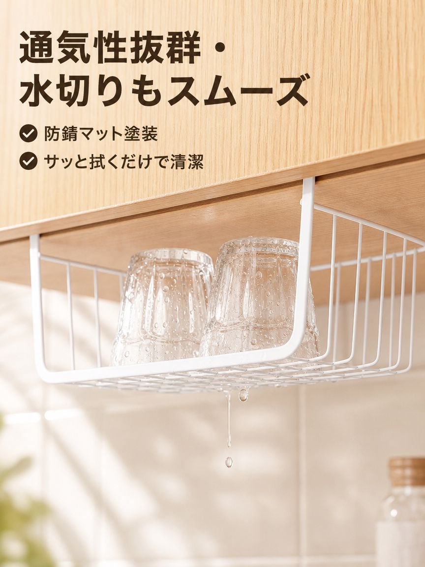 穴あけ不要のキッチン吊り下げ式バスケットラック